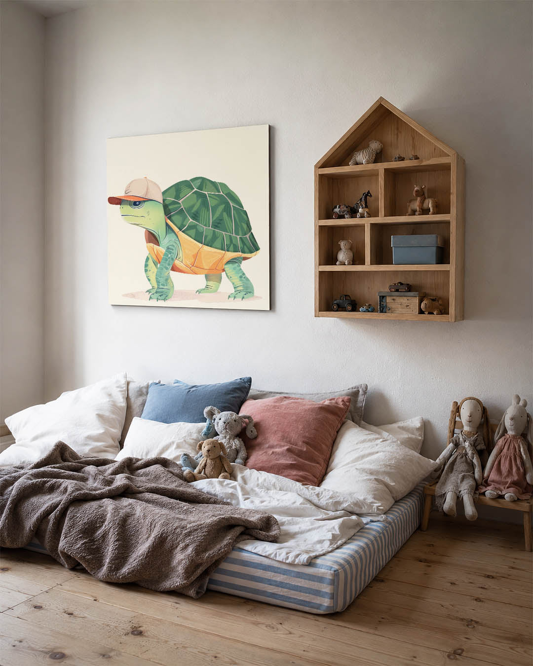 Speelse schildpad illustratie kunstwerk – derde productweergave – dit werk toont een speelse schildpad met een pet, omlijst