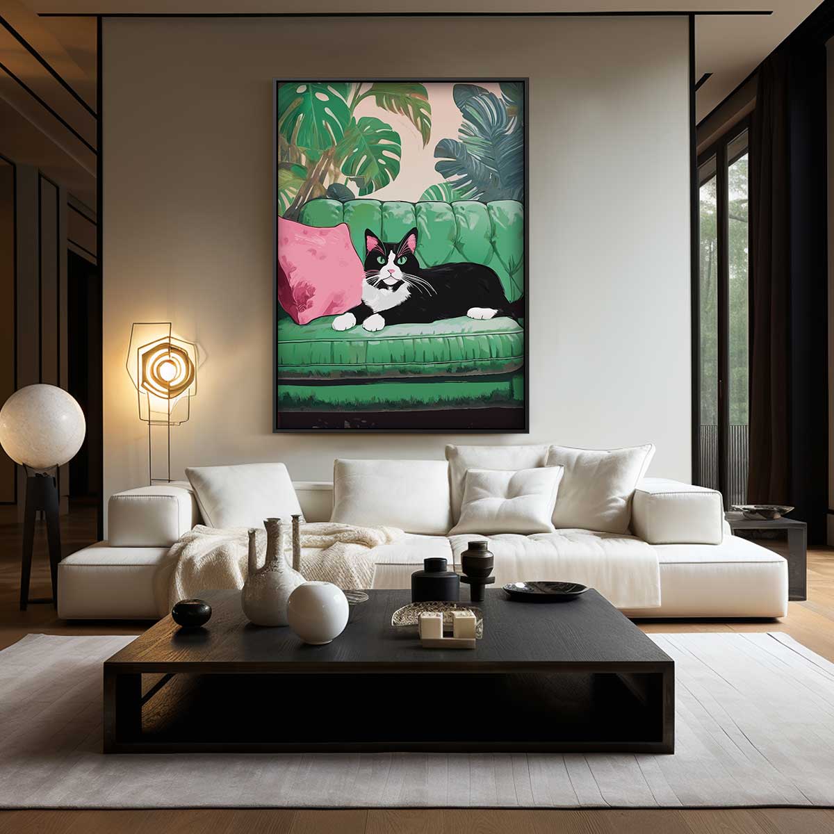Gatto su divano verde opera d'arte