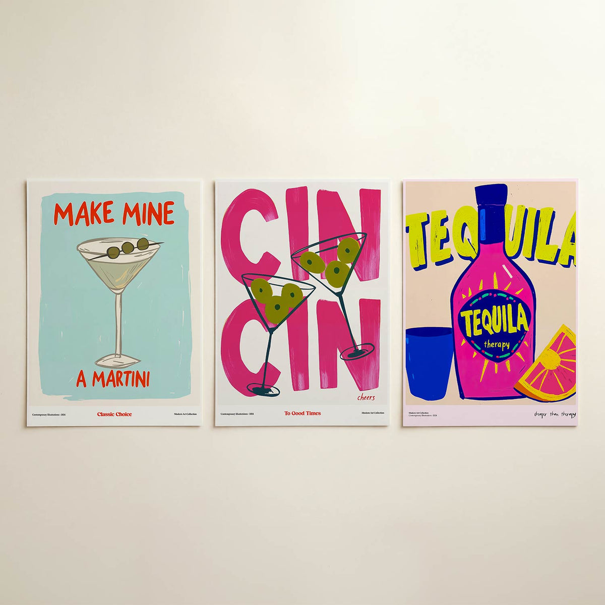 Cocktail illustratie driedelige posterset in interieur