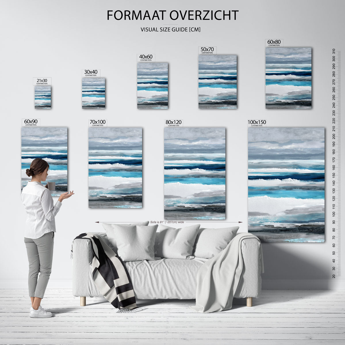 Horizontale lijnen in blauw en grijs – staande muurposter met abstracte vormen