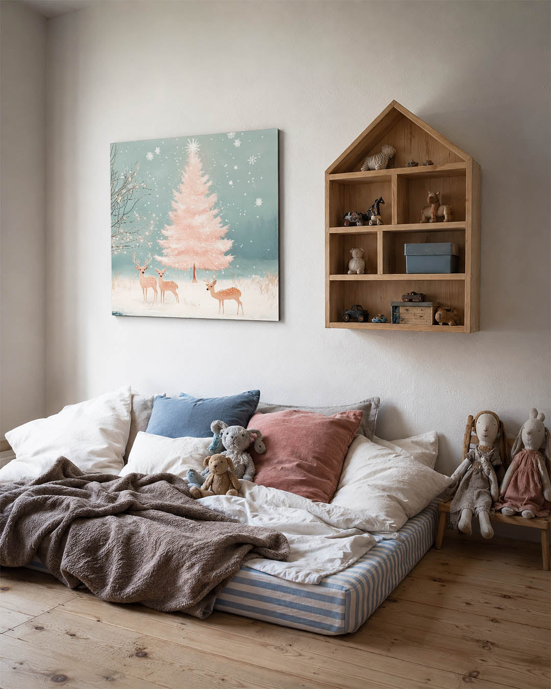 Winterlandschap met herten kunstwerk – derde productweergave – dit werk toont een serene winterse scène met een roze boom en