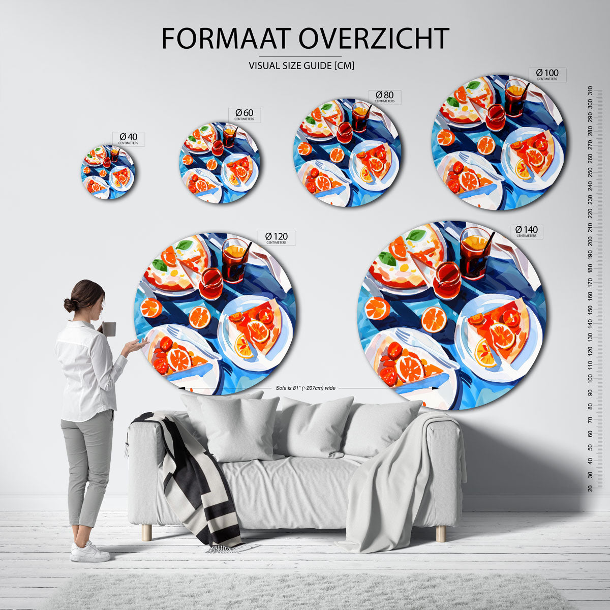 Pizza en citrusvruchten – abstracte wandkunst als muurcirkel van WallArtistic