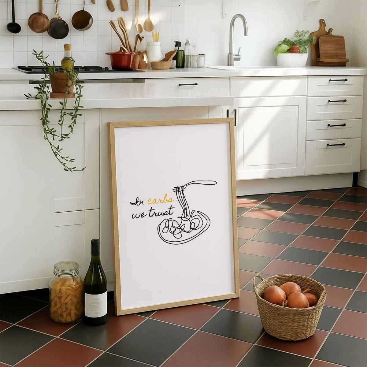 In Carbs We Trust – staande muurposter voor keuken of eethoek