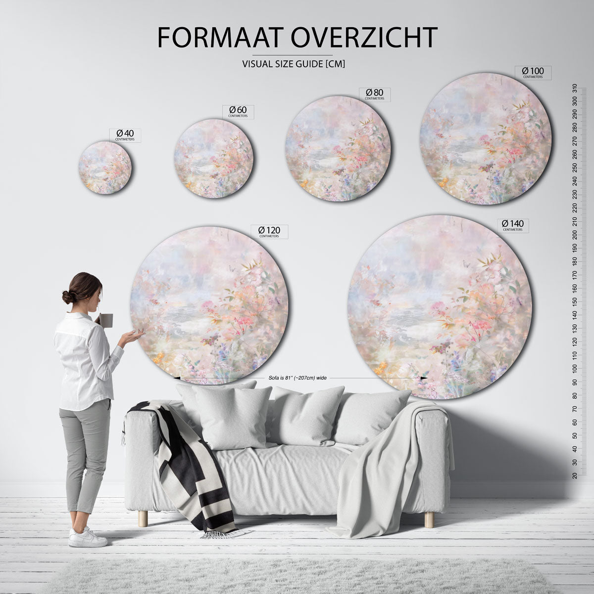 Bloemen en vlinder – geïllustreerde wandkunst als moderne muurcirkel