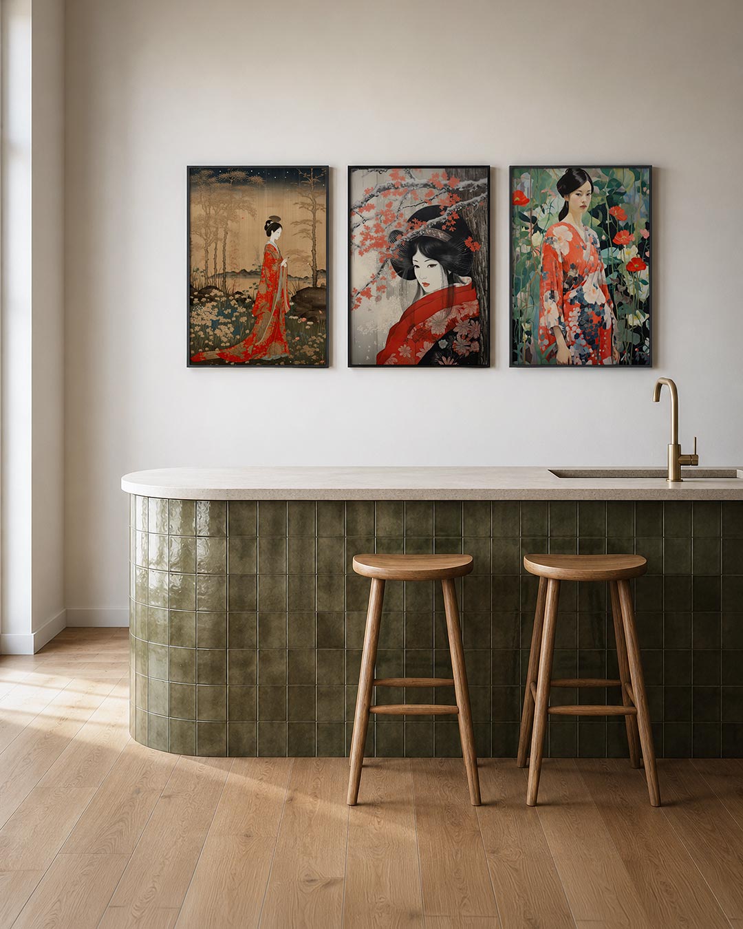 Natuurlijke elegantie posterset – tweede productweergave – een serene vrouw in een rijkelijk versierde rode kimono
