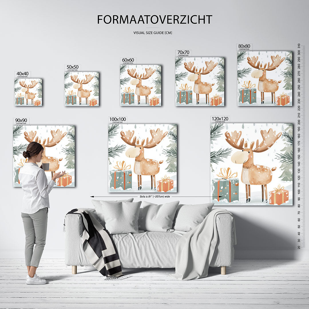 Illustratie kunstwerk – sfeerbeeld – een eland staat tussen cadeaus in een winterlandschap, omringd door sneeuwvlokken en