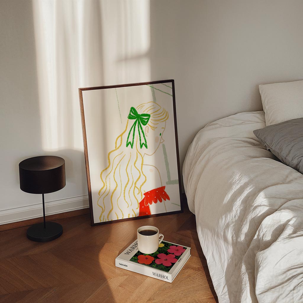 Dromerige Illustratie Van Meisje Met Strik – staande zomer wanddecoratie van WallArtistic