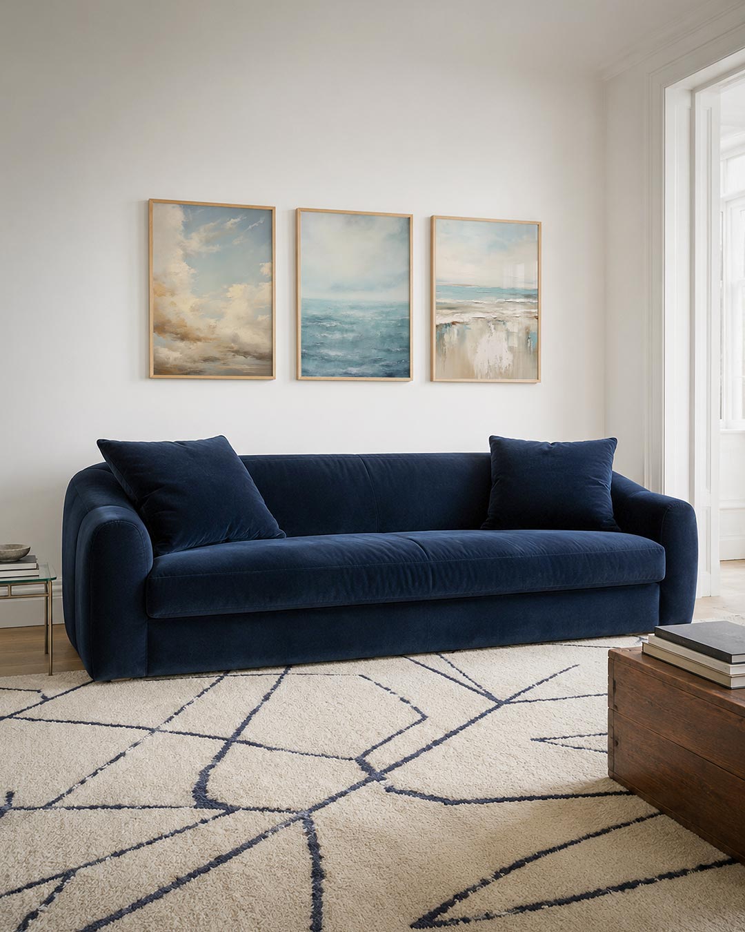 Wolken en hemel driedelige posterset – zachte wolken zweven door een blauwe lucht, met warme beige