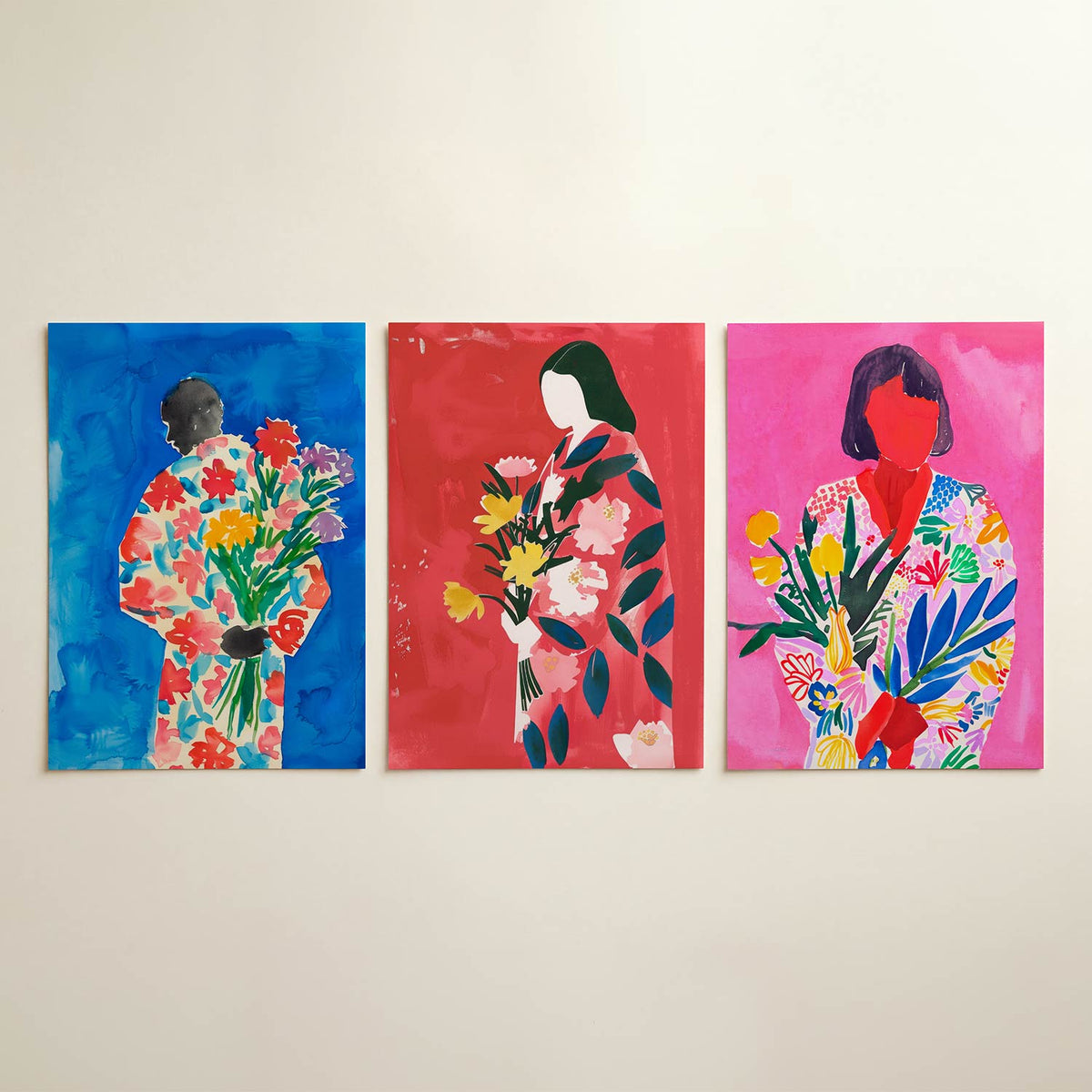 Bloemen en silhouet posterset – detailweergave – een silhouet met een kleurrijk bloemenpatroon tegen een