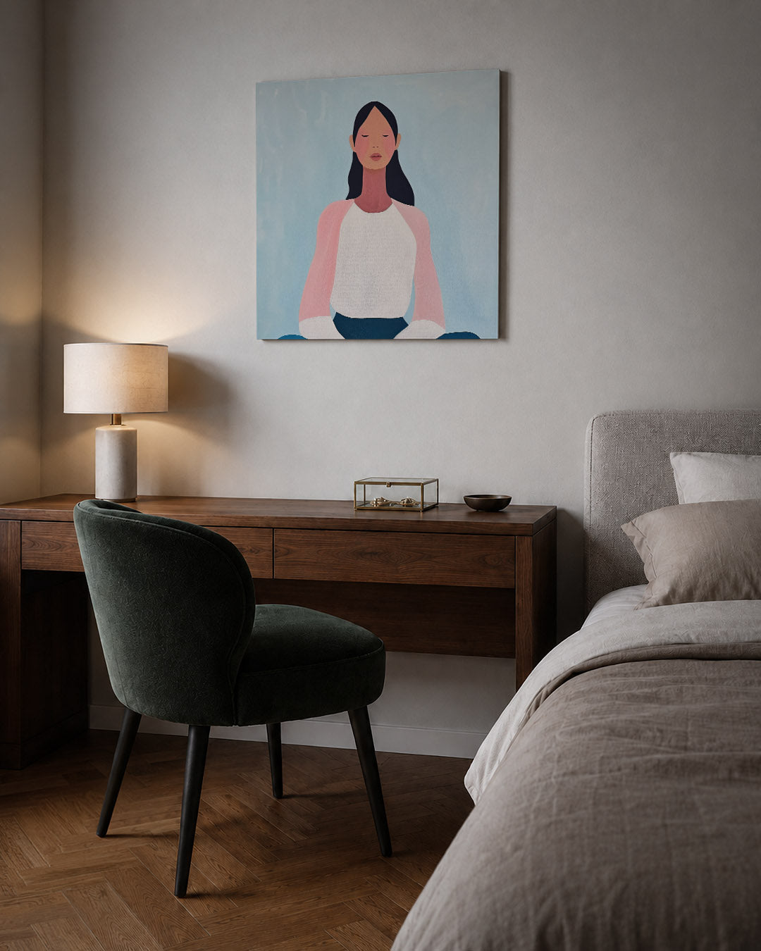 Meditatieve vrouw kunstwerk – sfeerbeeld – dit kunstwerk toont een vrouw in meditatie, met zachte kleuren en een serene