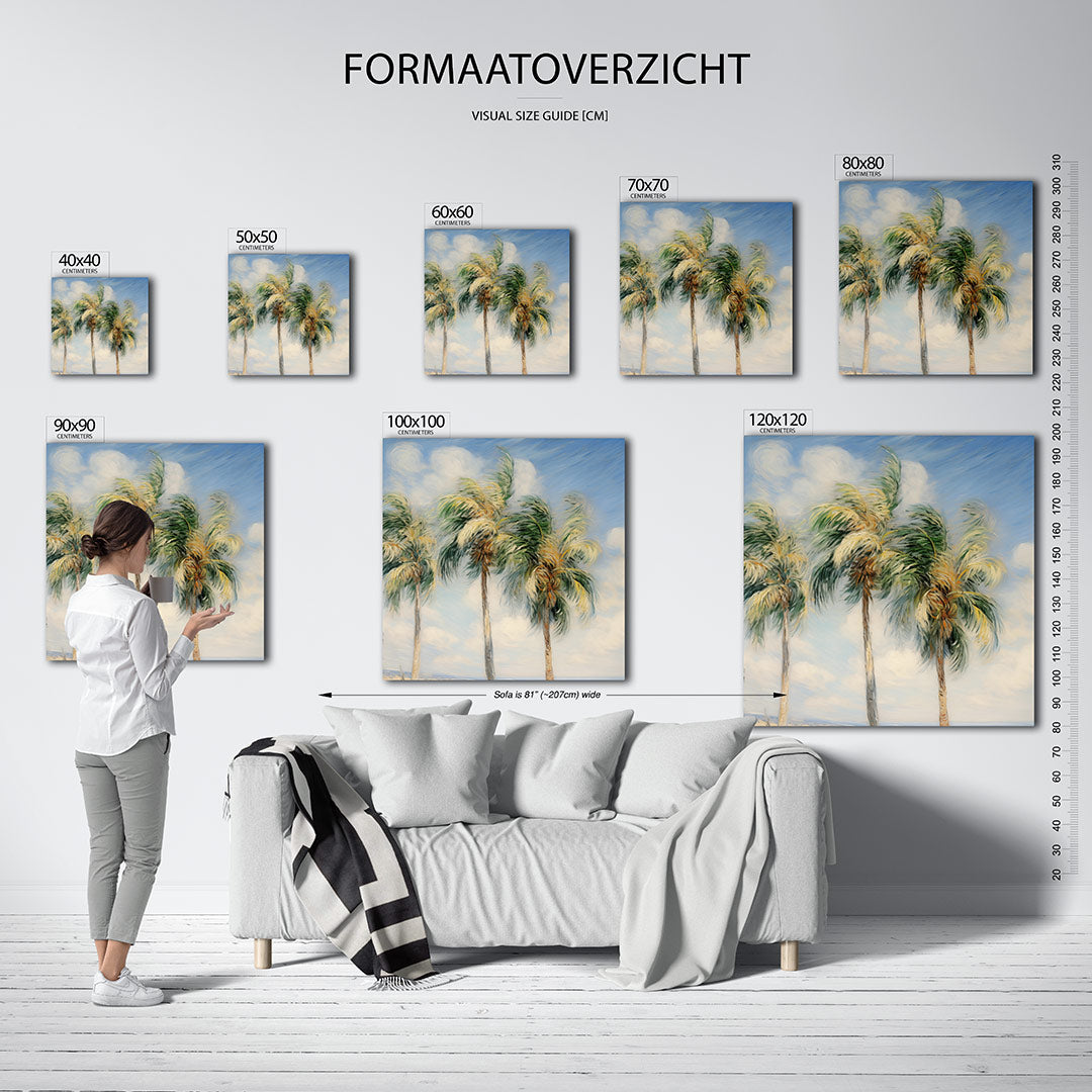 Tropische palmen kunstwerk – dit werk toont drie wuivende palmbomen tegen een blauwe lucht met witte wolken. De bladeren zijn