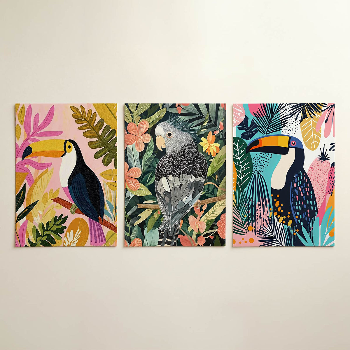 Tropische kleurvlakken posterset – detailweergave – een speelse compositie met een toekan omringd door