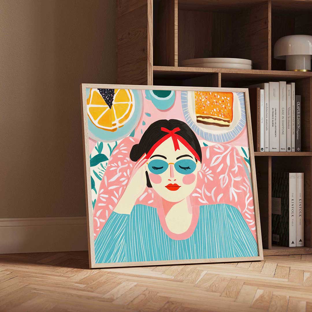 Vrouw met zonnebril – vierkante moderne wanddecoratie van WallArtistic