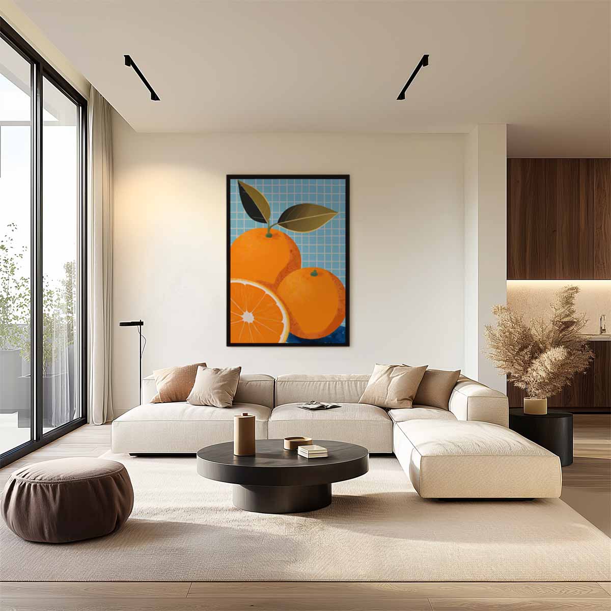 Vrolijke Sinaasappels op Blauw – dibond wanddecoratie in staand formaat