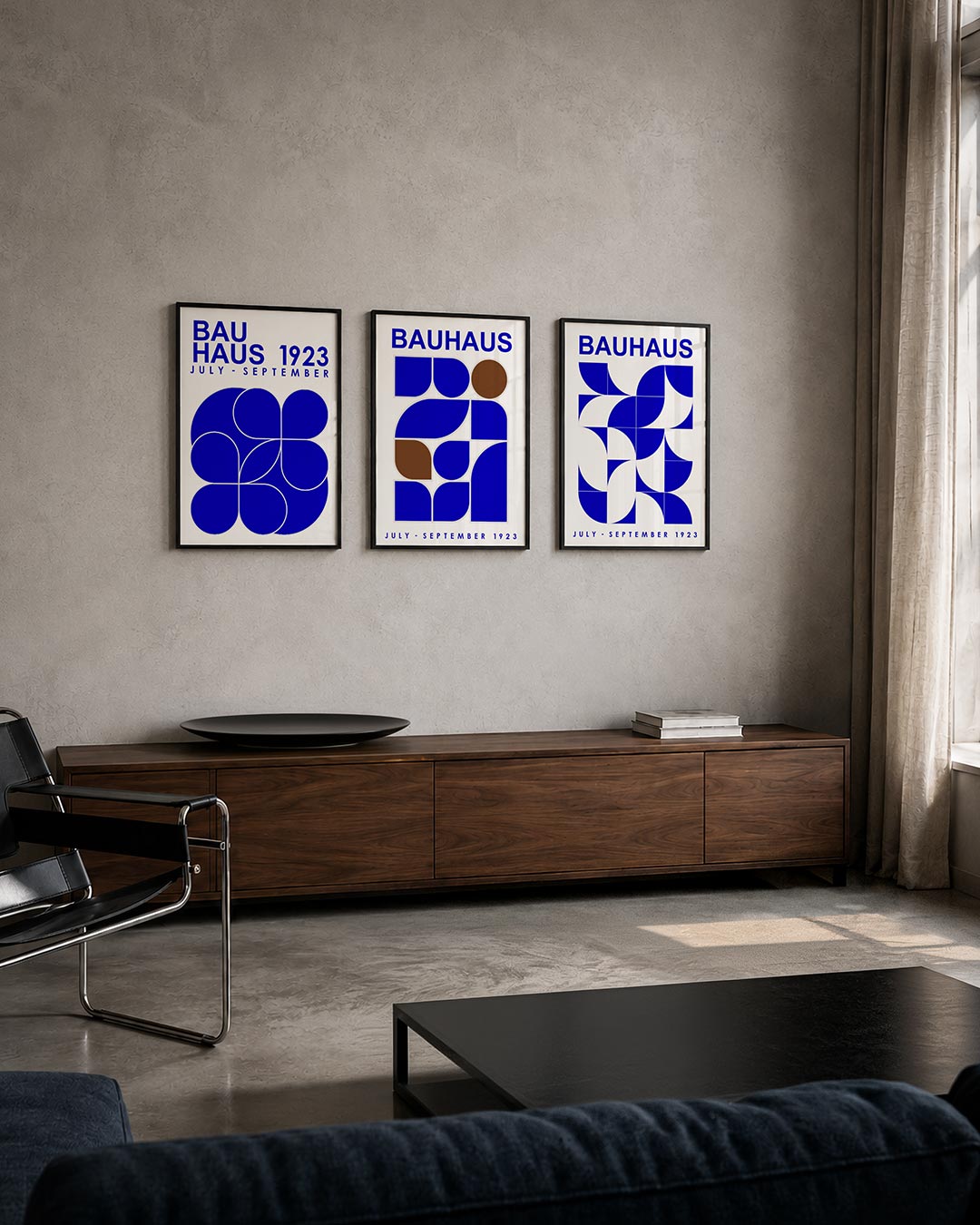 Vormen en kleur posterset – tweede productweergave – deze posterset in drie delen toont een levendig lijnenspel van blauwe