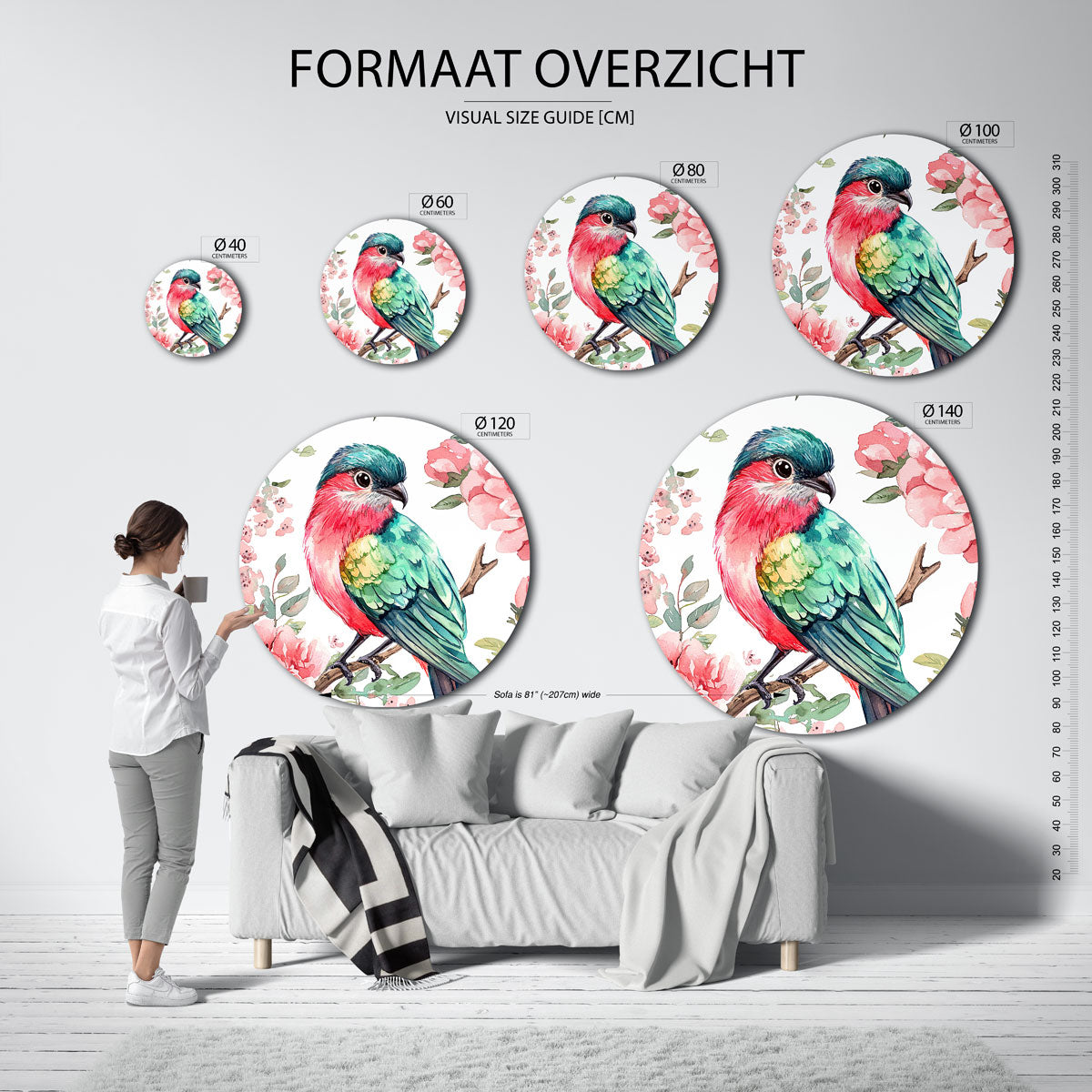 Vogel en bloemen – ronde muurcirkel met kleurrijke illustratie