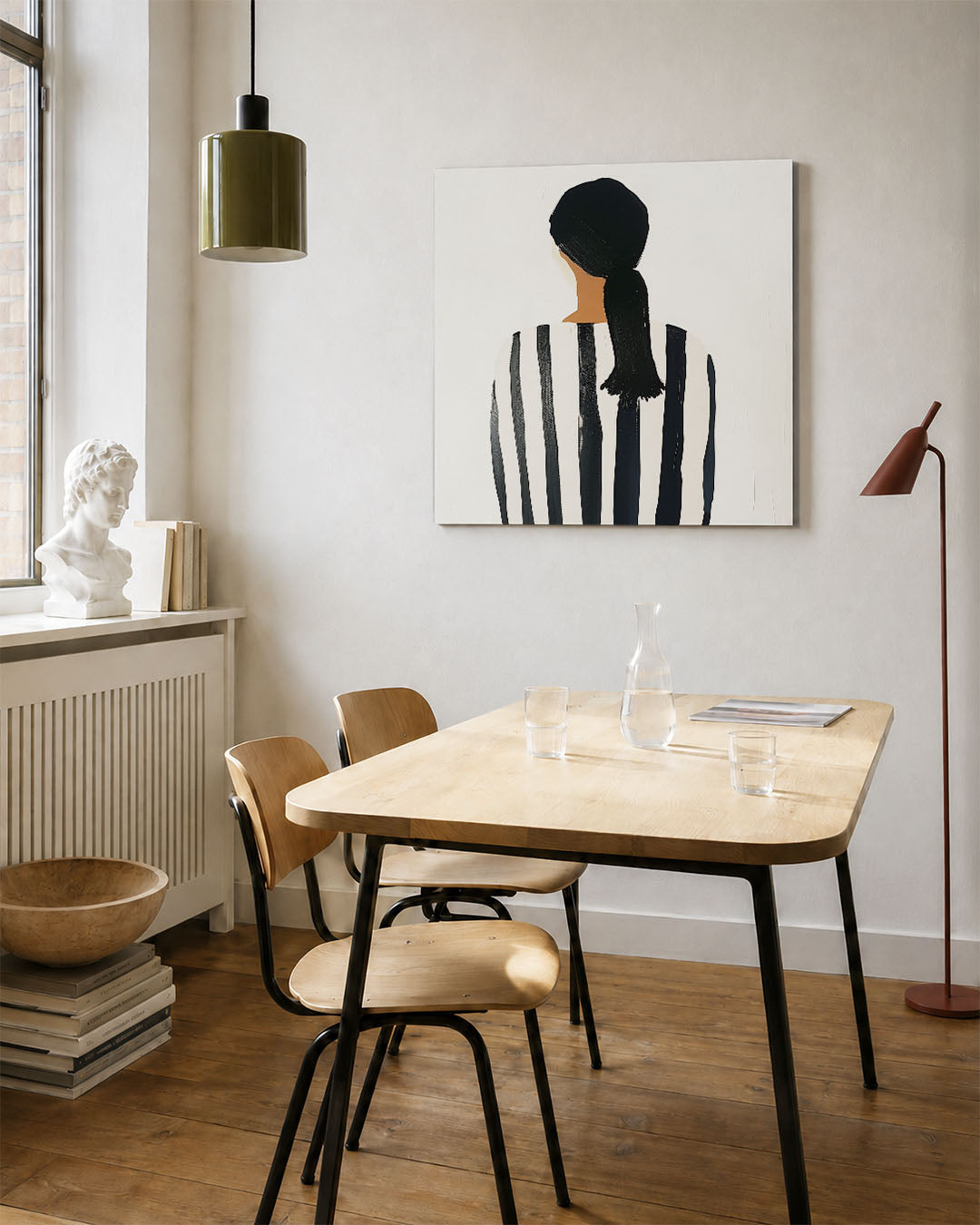 Gestreepte rugfiguur kunstwerk – vierkante wanddecoratie – dit werk toont een figuur van achteren met een gestreept patroon.