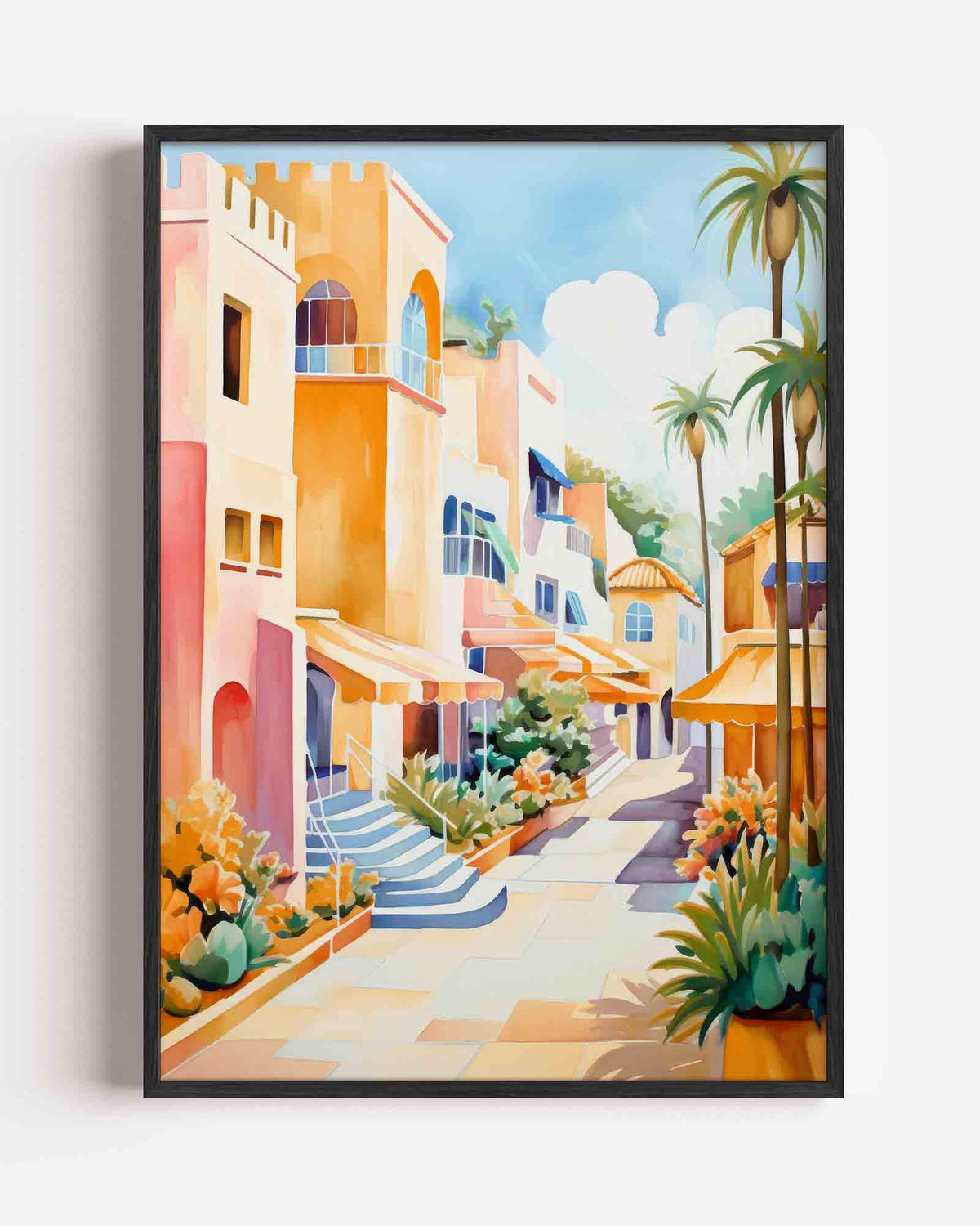 Zonnige straat met palmbomen – keuken portret poster als wanddecoratie