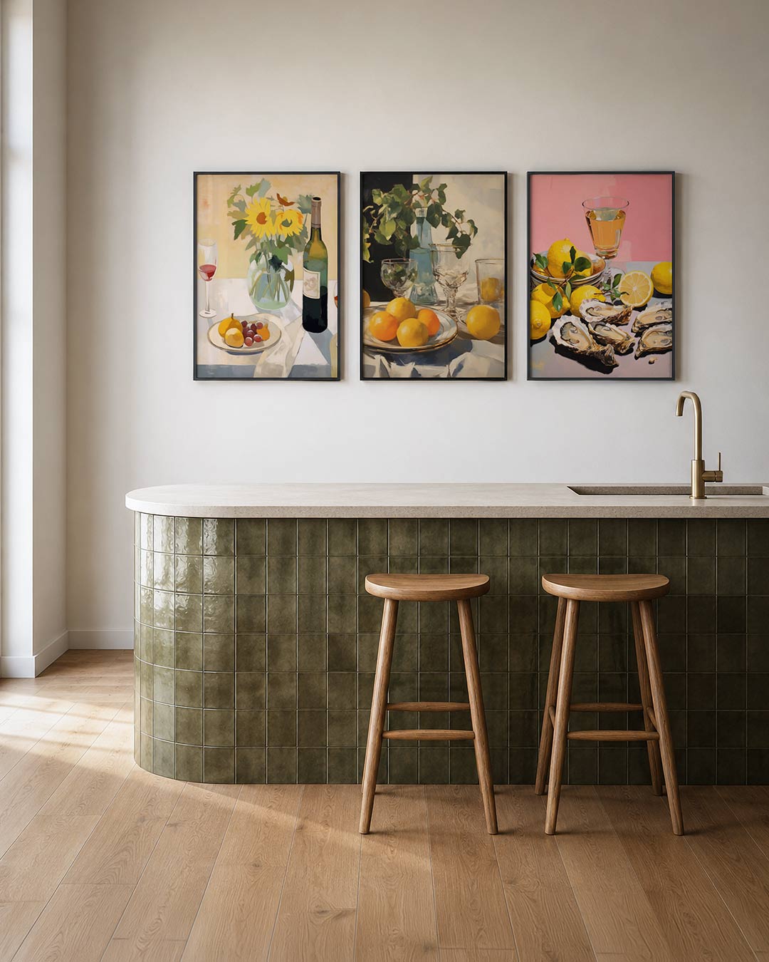 Zonnige tafelsetting posterset – tweede productweergave – een fles en glazen op een tafel met bloemen in een vaas