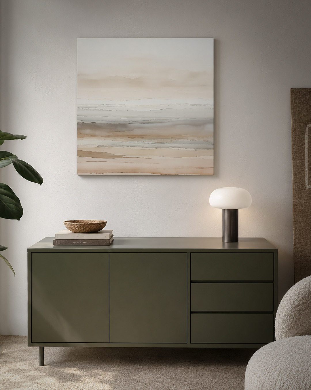 Zachte lijnen landschap kunstwerk – detailweergave – dit werk toont een compositie van horizontale lijnen in zachte tinten.