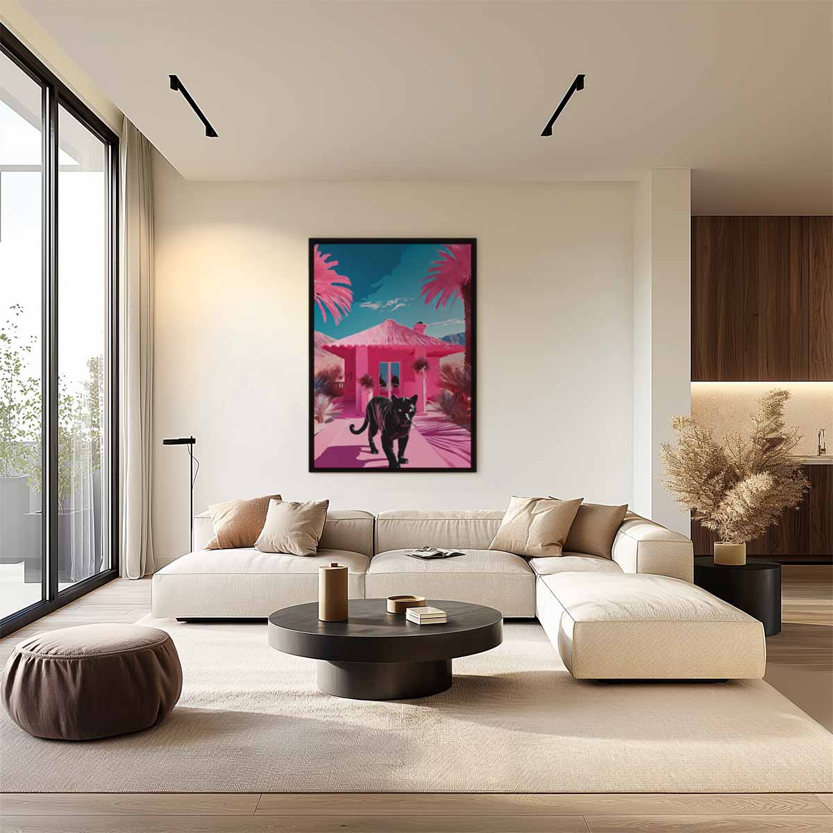 Panther in een Roze Paradijs – canvas wanddecoratie in portret formaat