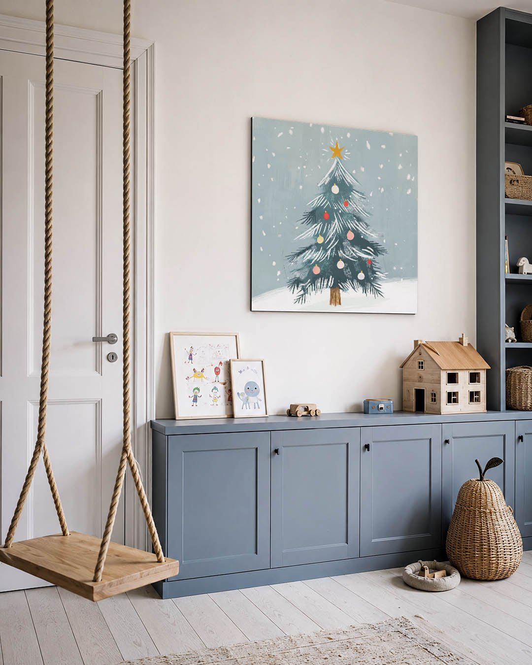 Feestelijke kerstboom illustratie kunstwerk – vierkante wanddecoratie – dit kunstwerk toont een sfeervolle kerstboom met