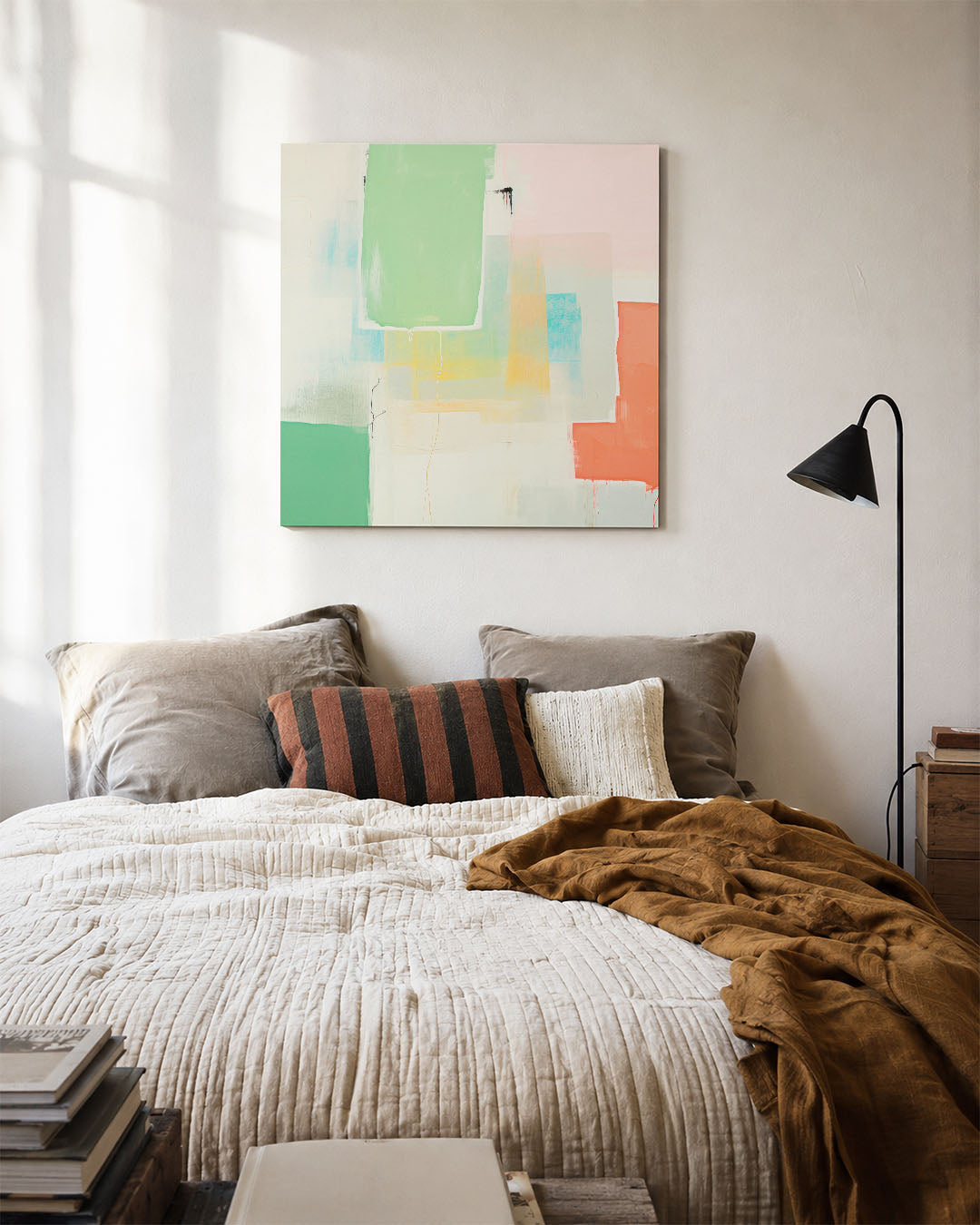 Kleurrijke vlakken kunstwerk – detailweergave – dit werk toont een compositie van overlappende rechthoeken in zachte tinten.
