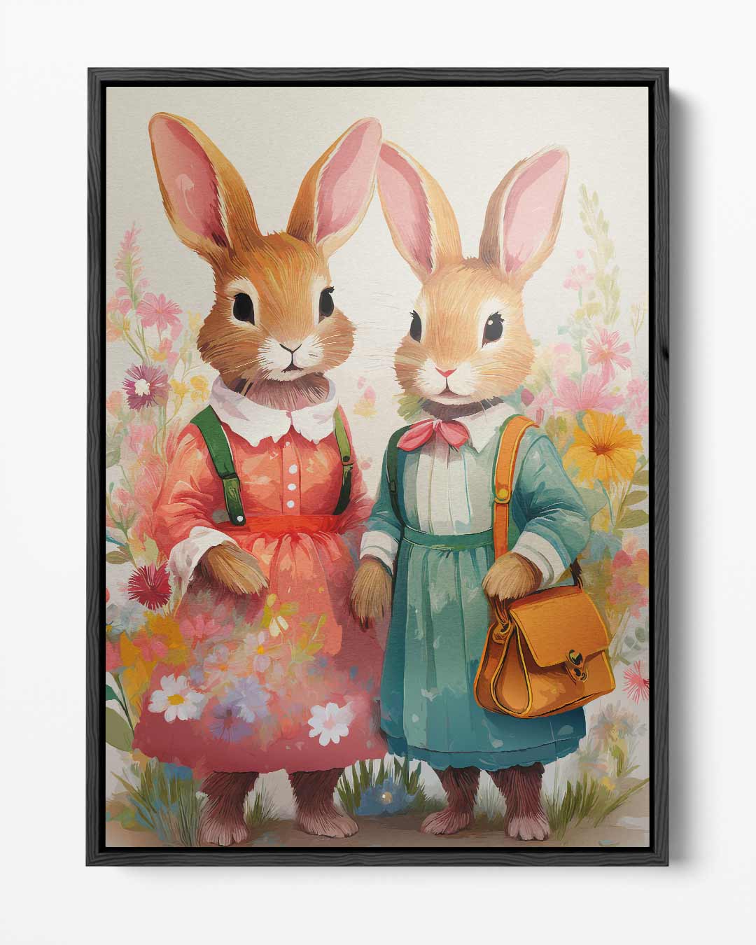 Konijnenvrienden in Bloemenweelde – portret kunstwerk als wanddecoratie