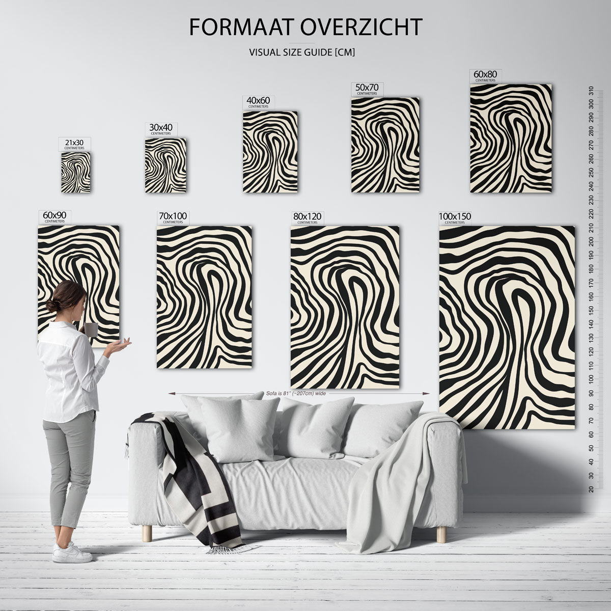 Zwart wit golvende lijnen – staande muurposter met zachte abstracte vormen
