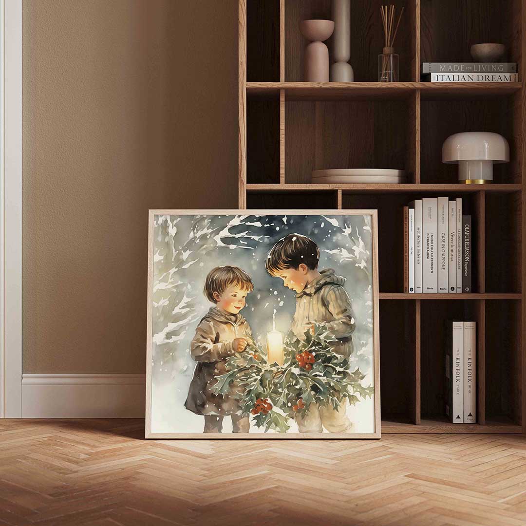 Kinderen met kaars – kerstposter in vierkant formaat
