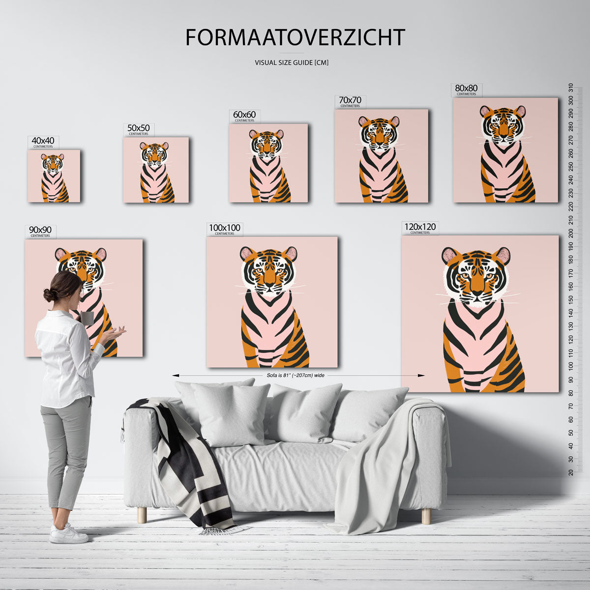 Tijger op roze achtergrond – vierkante muurposter voor de kinderkamer