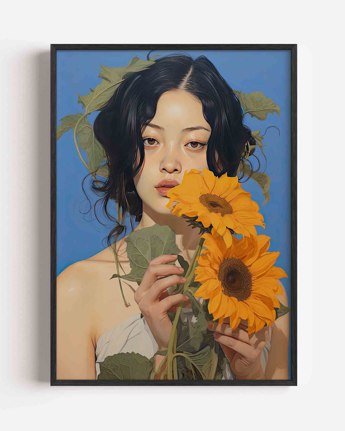 Vrouw met zonnebloemen – kleurrijke illustratie portret poster als wanddecoratie