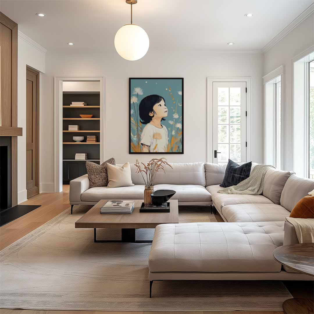 Dromerig Kind in Bloeiende Natuur – canvas wanddecoratie in portret formaat