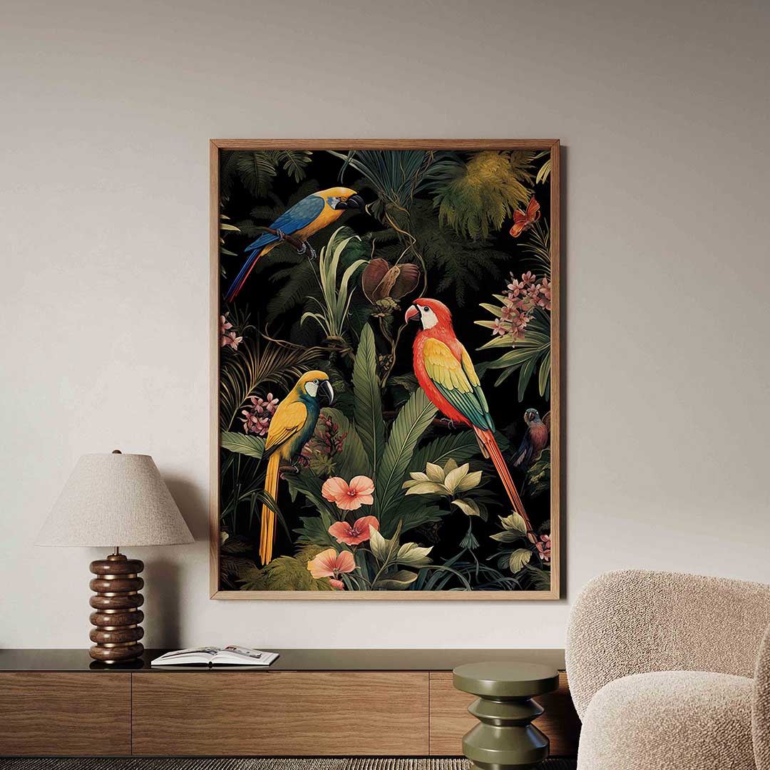 Papegaaien en planten – tropische jungle poster in staand formaat