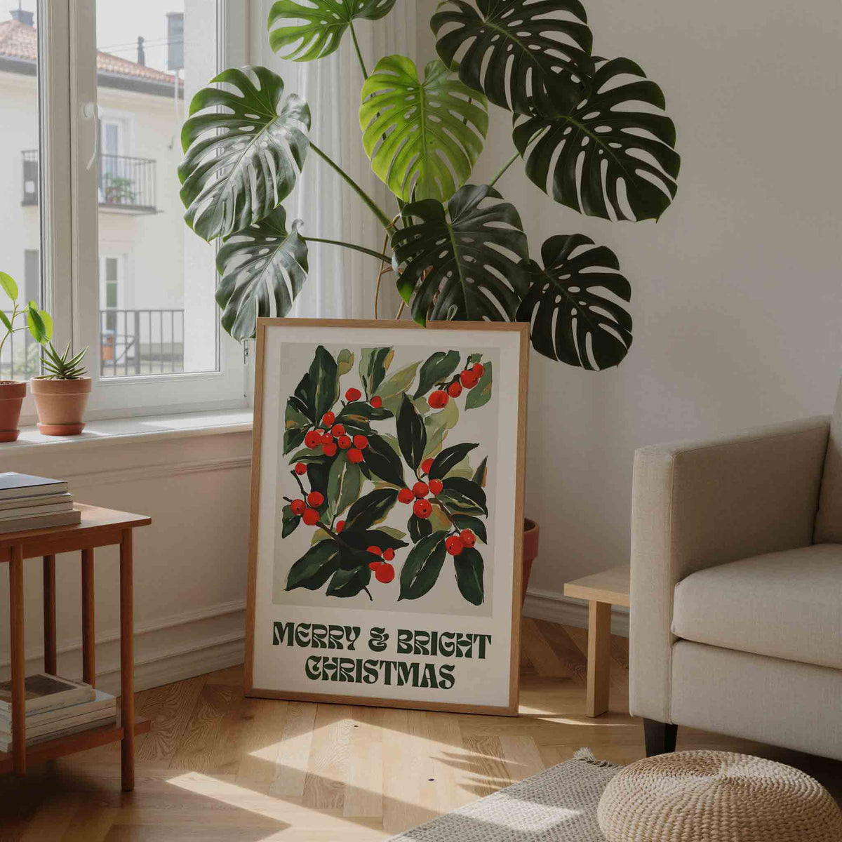 Groene bladeren en rode bessen – feestelijke wandkunst als portret poster