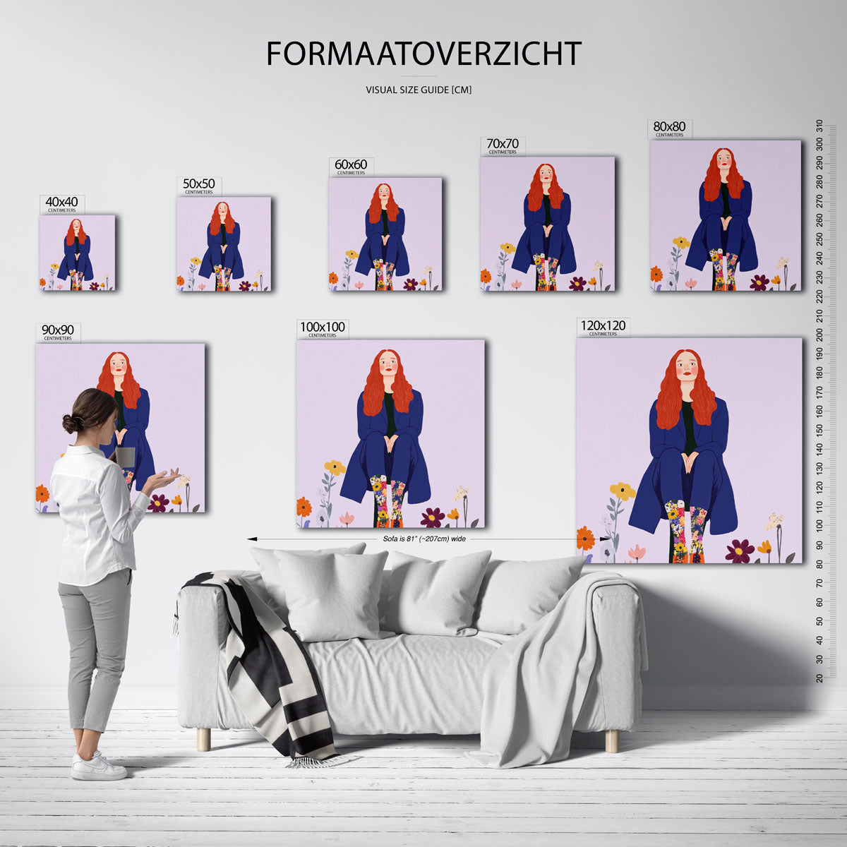 Vrouw met bloemenlaarzen – vierkante muurposter voor een modern interieur