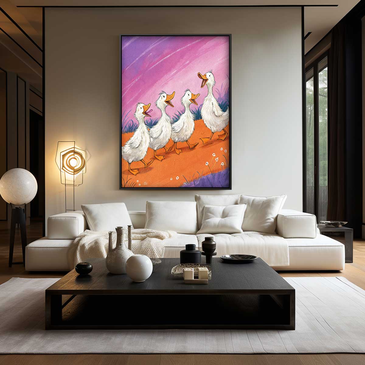 Eendjes op Avontuur – kunstwerk met zwarte baklijst