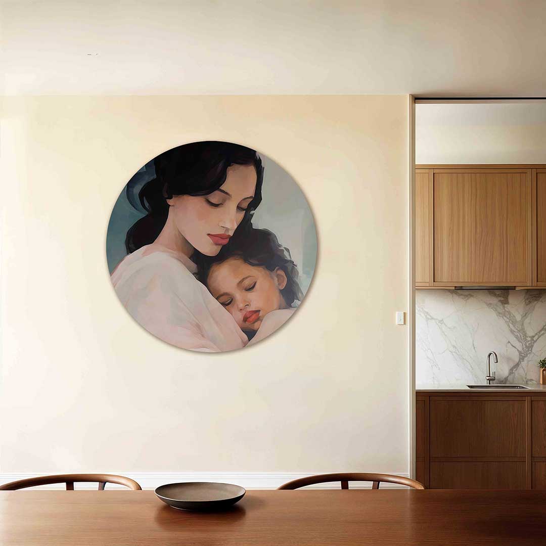 Moeder en kind – moderne ronde wanddecoratie met vrouwelijk portret