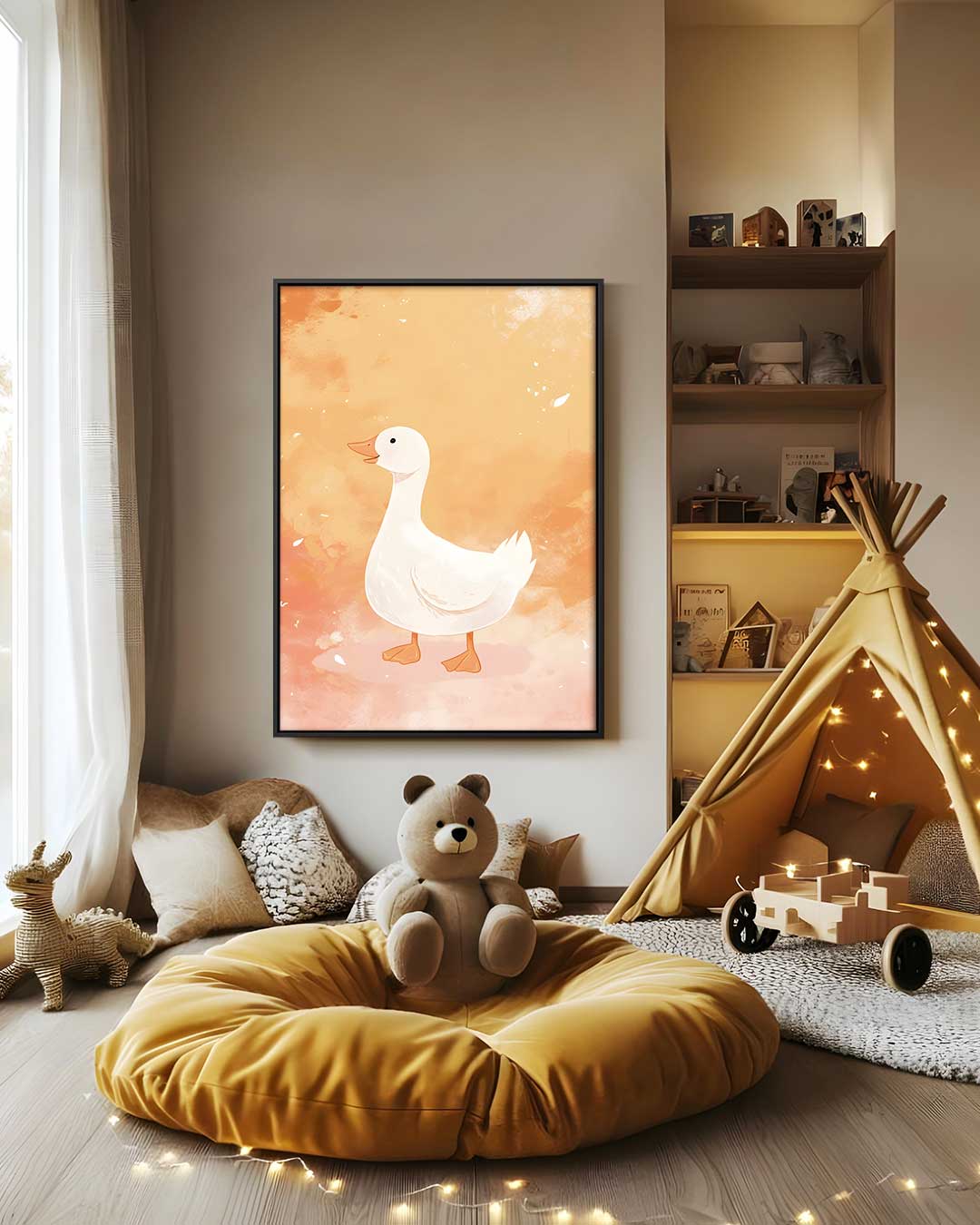 Vrolijke Eend op Oranje Achtergrond – staand kunstwerk voor modern interieur