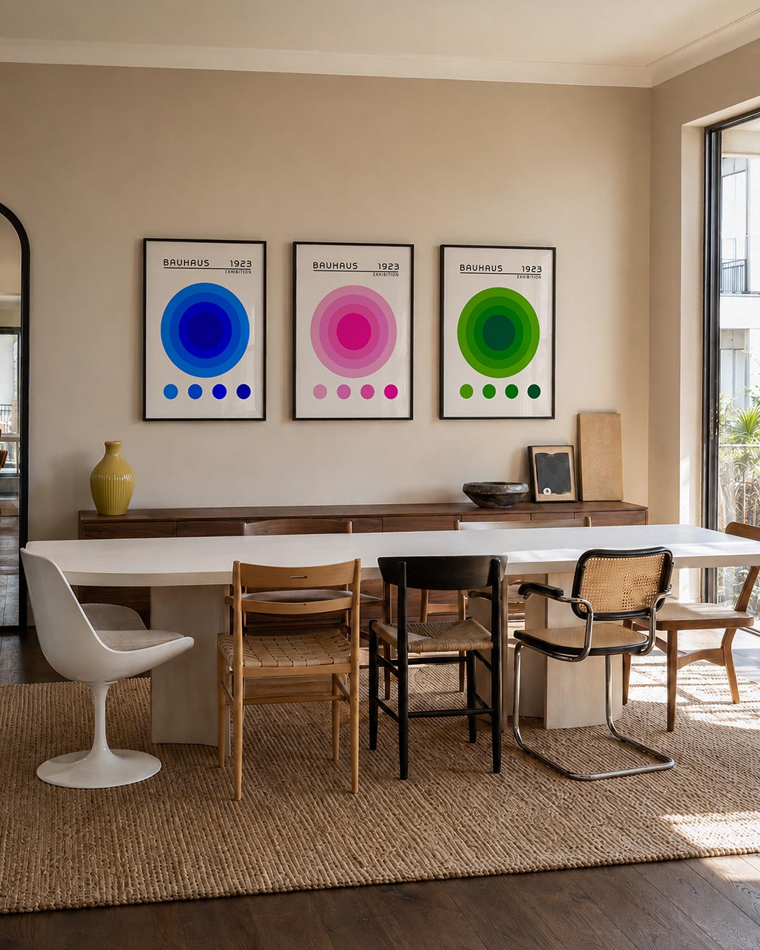 Cirkelharmonie posterset – tweede productweergave – deze posterset in drie delen toont een groot blauw cirkelpatroon met vier