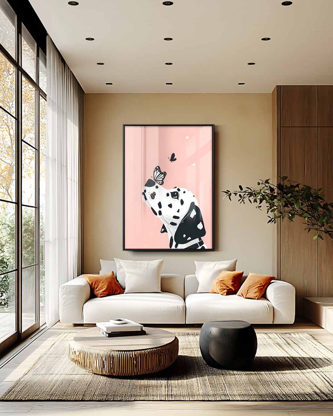Dalmatier en Vlinder op Zachtroze – plexiglas wanddecoratie in portret formaat