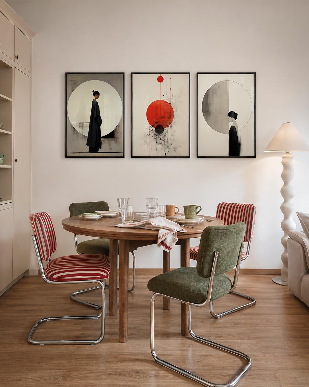 Cirkel en silhouet driedelige posterset – een compositie met een grote witte cirkel op een neutrale