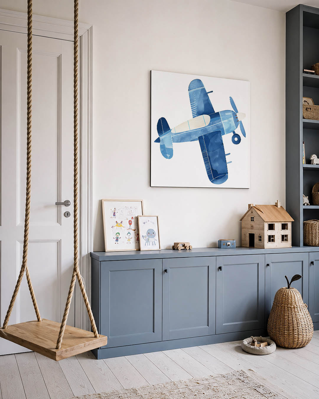 Vliegtuig illustratie kunstwerk – vierkante wanddecoratie – dit toont een vliegtuig in verschillende tinten blauw met