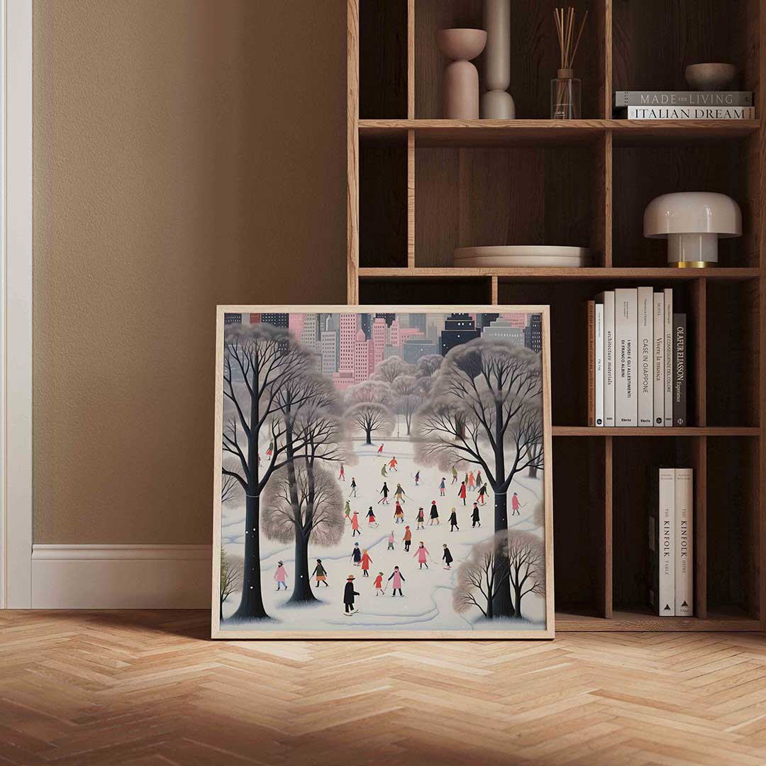 Schaatsers in park – kerstposter in vierkant formaat