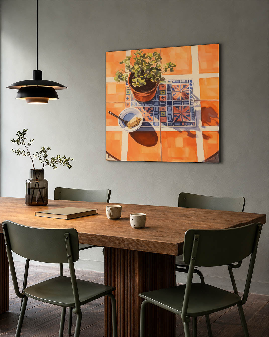 Kleurrijke tegelcompositie kunstwerk – tweede productweergave – dit werk toont een levendige compositie van oranje tegels met