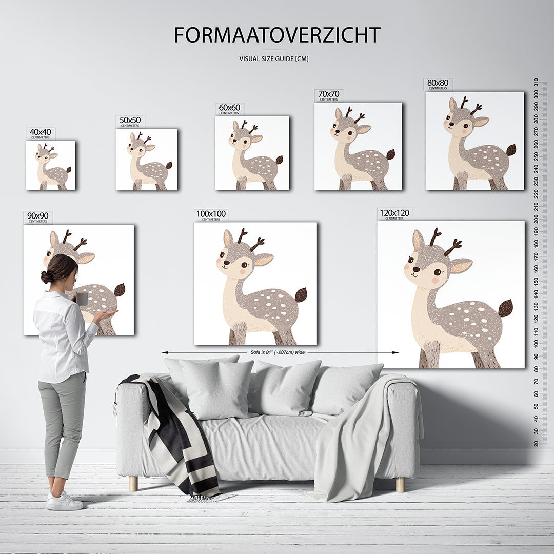 Speels hert kunstwerk – sfeerbeeld – dit kunstwerk toont een schattig hert met zachte lijnen en subtiele details. De kleuren