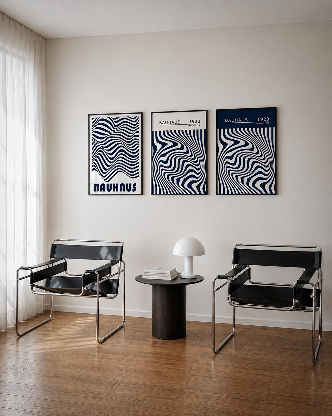 Golvend lijnenspel driedelige posterset – deze posterset in drie delen toont vloeiende, golvende lijnen in donkerblauw en