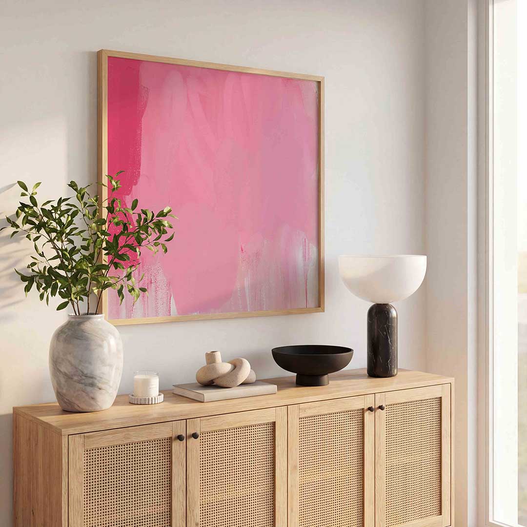 Roze abstracte vormen – kleurrijke poster in vierkant formaat
