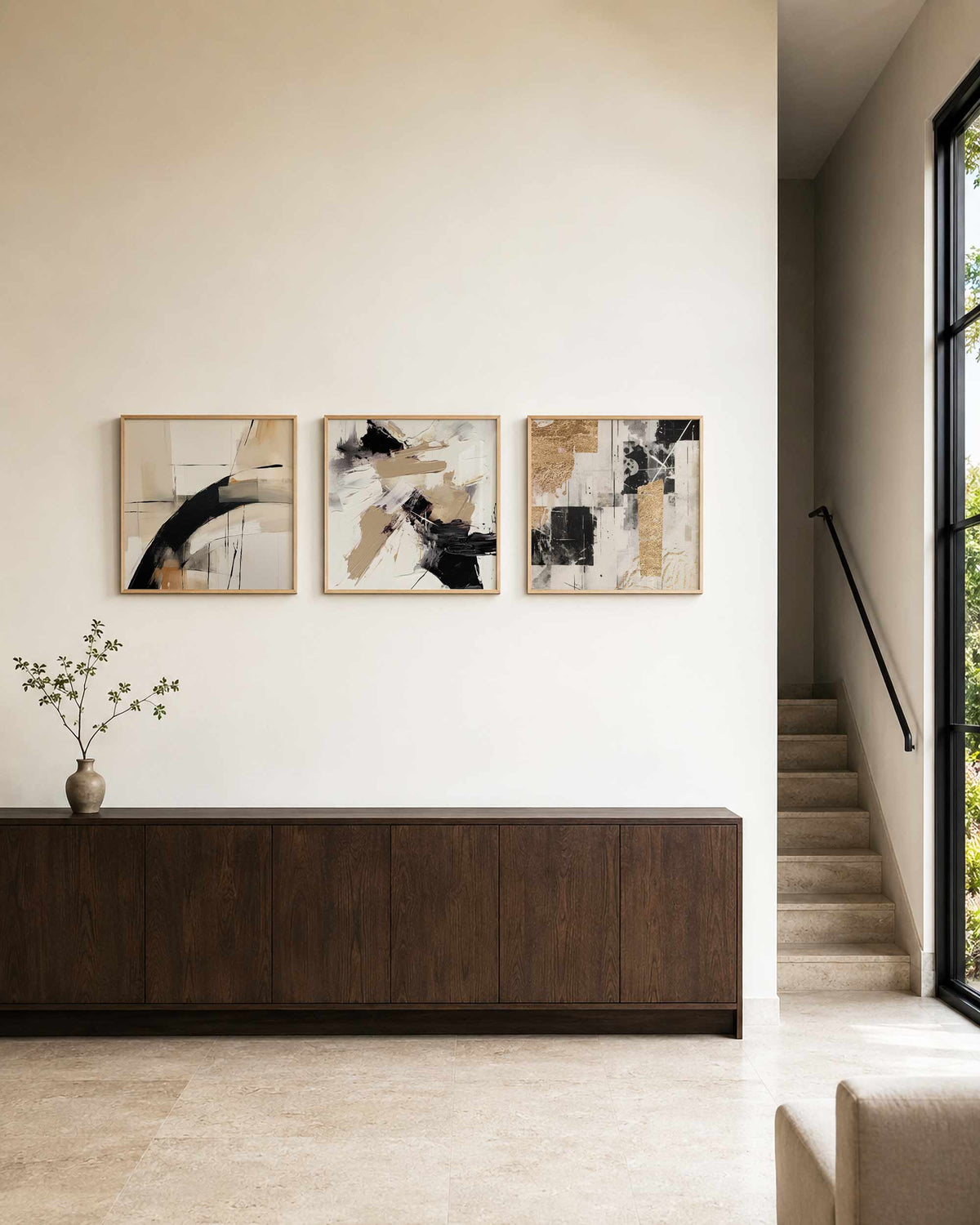 Interieurpresentatie van een driedelige vierkante posterset met abstracte zwart goud