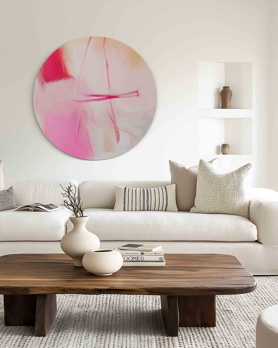 Abstracte roze – muurcirkel met kleur en vormen voor aan de muur